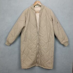 Adora Long Coat Womens Small Tan Rayon Lined Full Zip Quilted Outerwear Winter